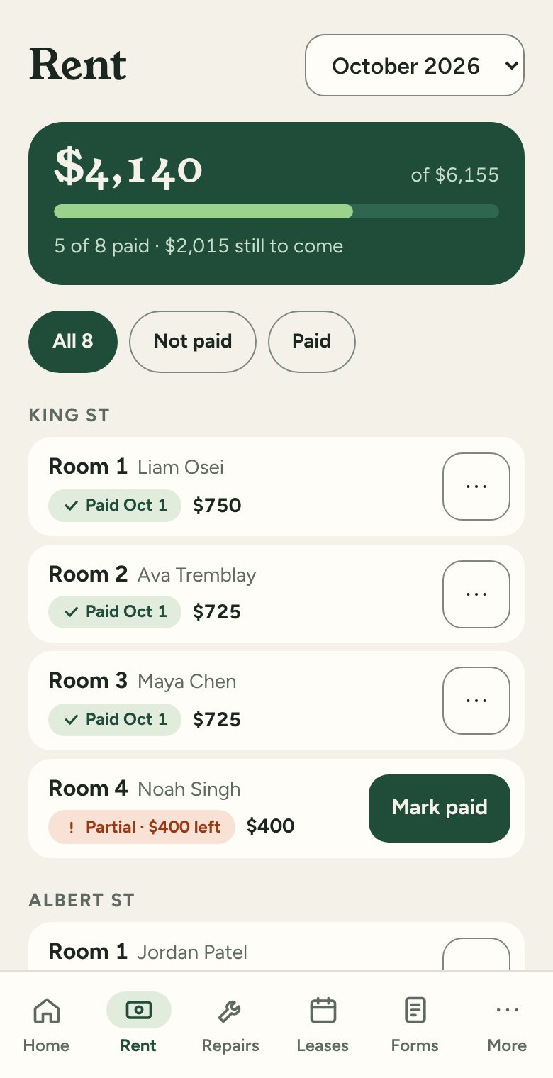 Rent screen: each room marked paid, late or part paid