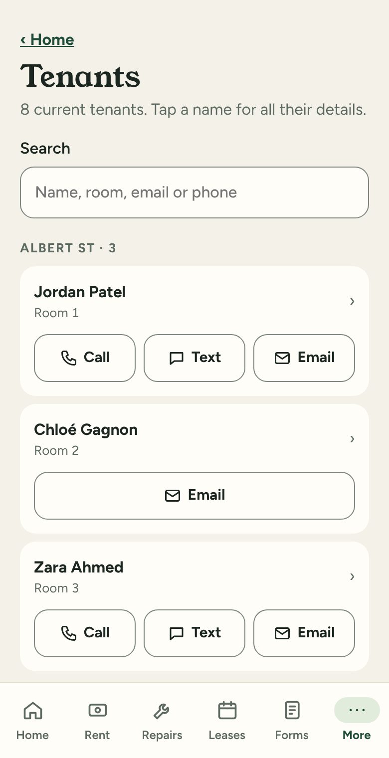 Tenants screen with call, text and email buttons